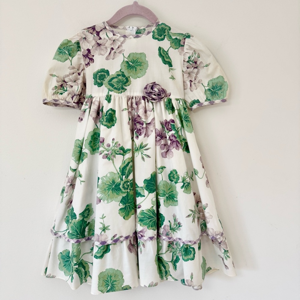 Vintage Floral Dress in Cream with Purple & Green Floral Pattern, Size 4